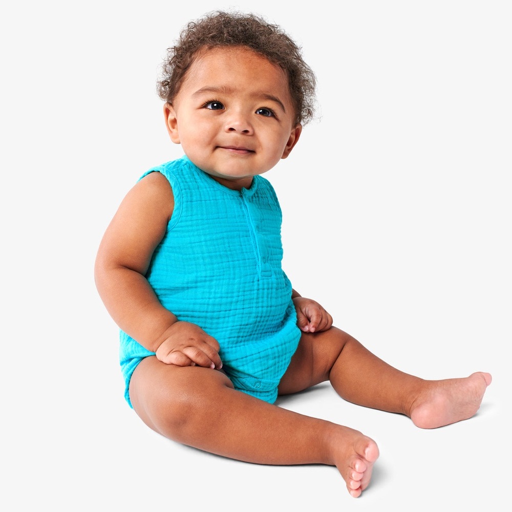 Primary | Baby cotton gauze henley tank shortie | Bright Turquoise | Size 0-3 M